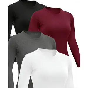 4 Pack Women Basic Long Sleeve Crew Neck Tops, Slim Fitted Compression Shirts, Athletic Gym Workout Underscrubs Baselayer Casual Tops