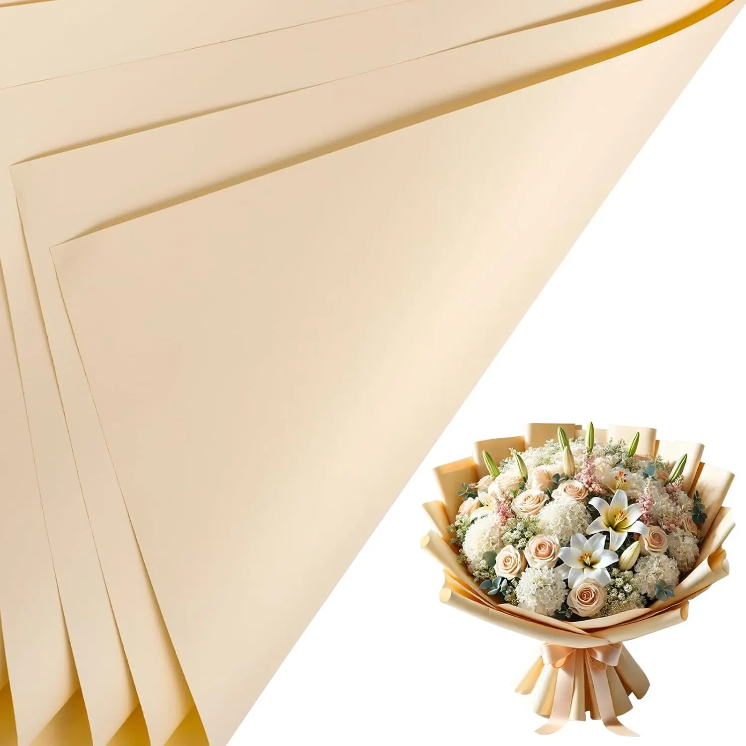 Reversible Floral Gift Wrapping Paper - 20 Sheets, 22.05x22.05 Inches Double-Sided Cream Yellow, Water-Resistant, Office Stationery for DIY Floral Arrangements & Event Supplies, Protection Against Water, Reversible Design