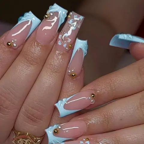 24pcs Blue French Style 3D Gel Nails, Floral Pattern, Pearl Decor, Glossy Finish, Medium Square Shape, Easy Wear Acrylic False Nails Set, Nail Art Design, Nail Art Supplies, Fake Nail, Flower Nails, DIY Nails Art, Decorative Nails
