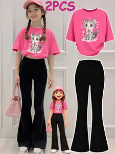 2PCS Valentine's Day Girls Clothes T-Shirt Bottom Pants Set  Cute Cat With Bow Print Girl Clothes Short-Sleeved Round Neck T-Shirt Bell Bottom Pants Set Perfect For Outdoor  Kids Clothes
