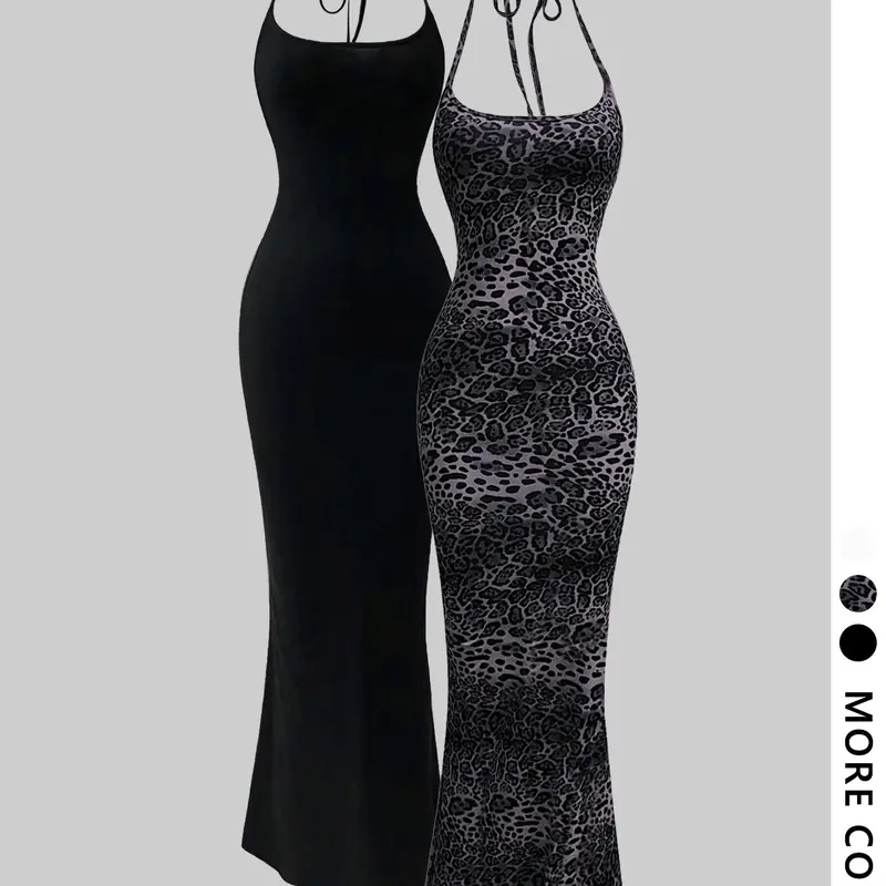 Women's Leopard Print Sleeveless Maxi Dresses, Fitted Casual Summer Long Dresses for Daily Wear & Travel