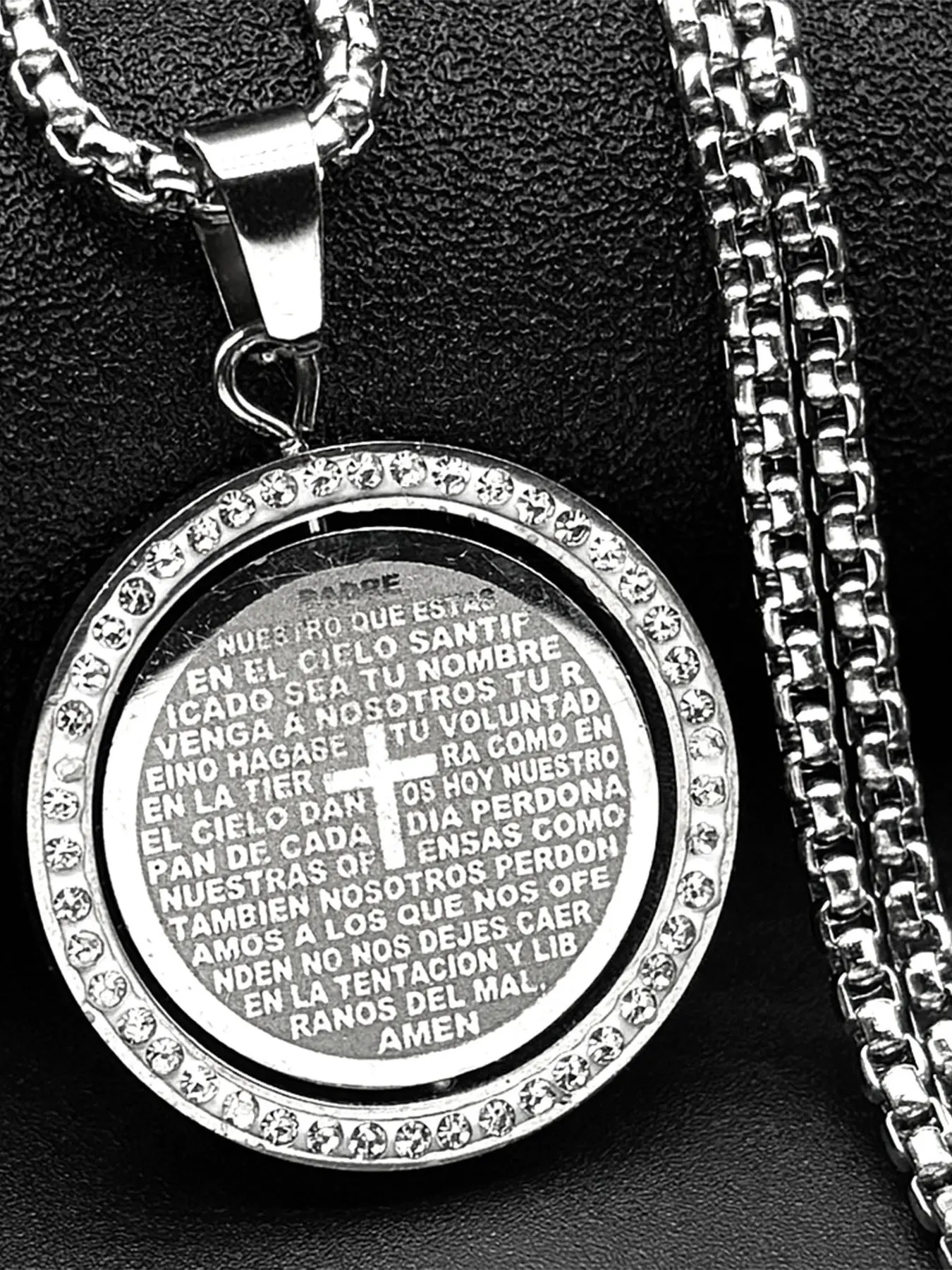 The Lord's Prayer God Jesus Cross Bible Spainsh Verse Faith Cross Necklace Religious Pendant Crystal for Women Men Stainless Steel Crystals Chain Rotatable