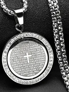 The Lord's Prayer God Jesus Cross Bible Spainsh Verse Necklace Religious Pendant Crystal for Women Men Stainless Steel Crystals Chain Rotatable