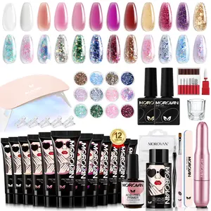 Morovan Poly Nail Gel Kit - 12Colors Gel with UV Lamp and Nail Drill for Beginners Extension All-In-One Nail Manicure Set DIY Salon at Home Base Box