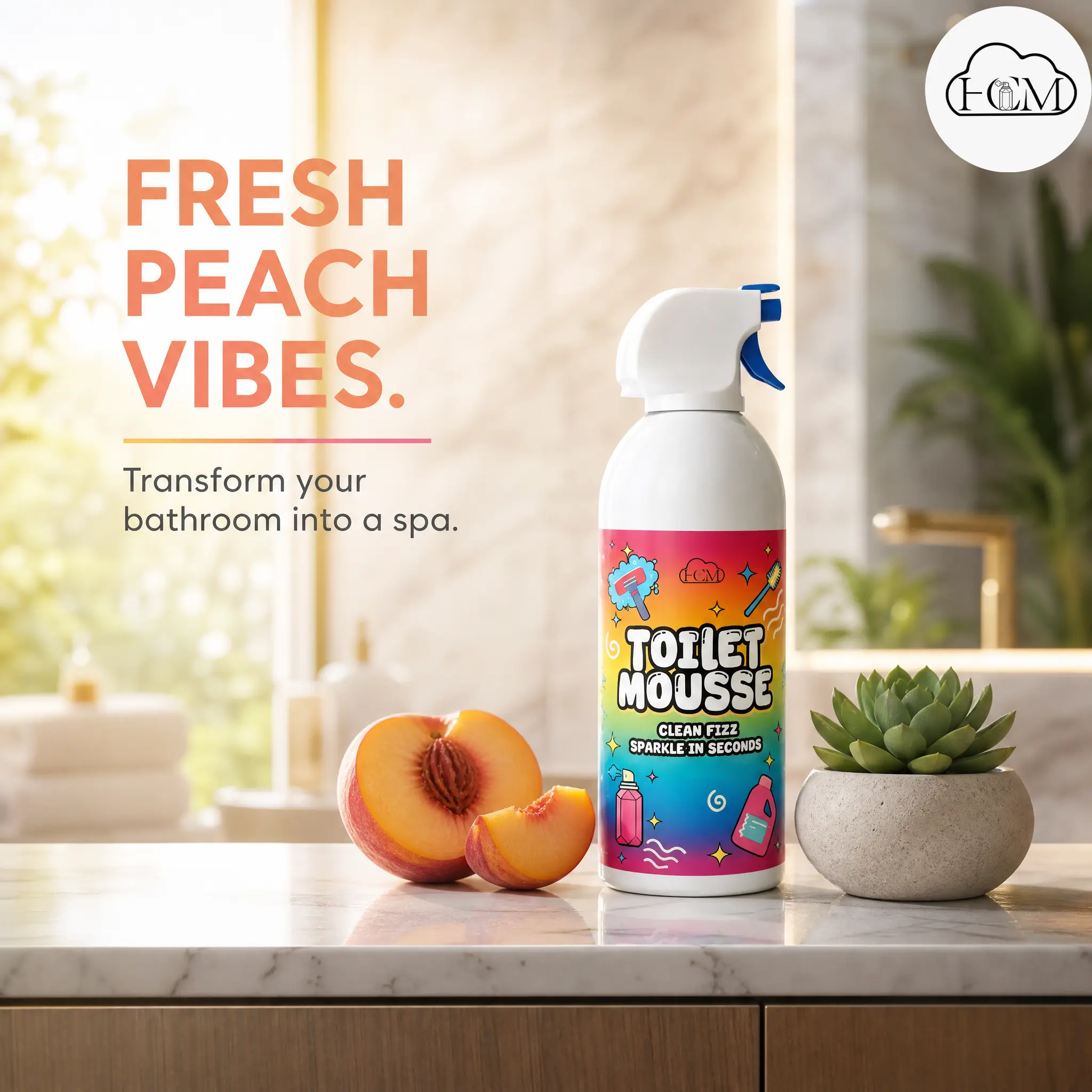 HCM Pink Foam Bathroom Cleaner – Peach Scent, eco-friendly formula for toilet, sink, and tile