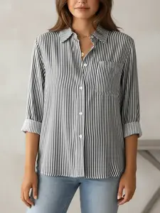 Women's Striped Print Button Front Shirt, Casual Long Sleeve Pocket Collared Top for Daily Wear, Ladies Clothes for All Seasons