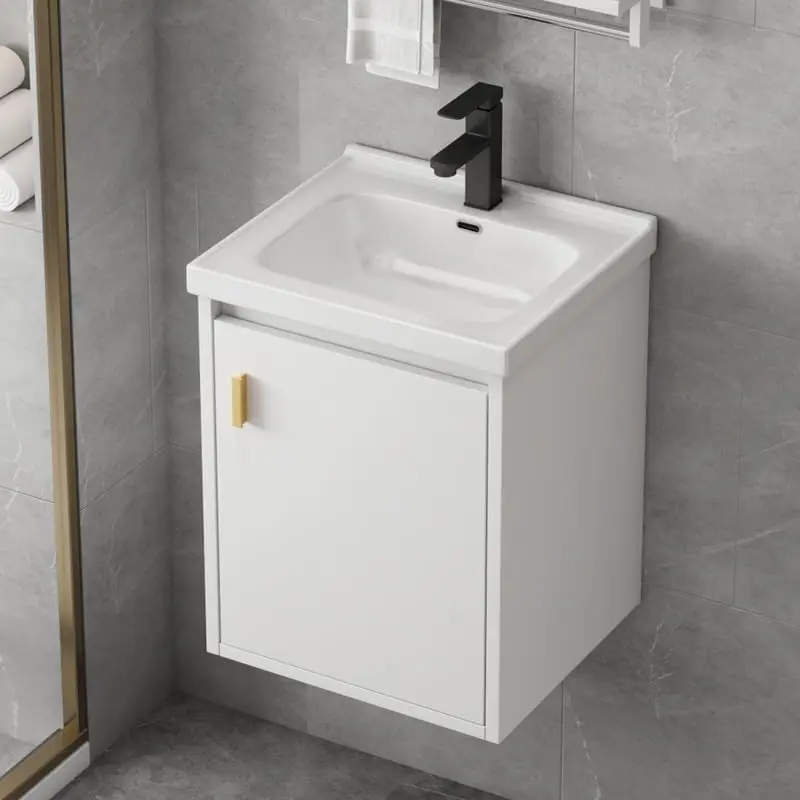 16-in Indoor Wall-Mounted Square Ceramic Bathroom Vanity Sink Combo, Lightweight Modern Floating Cabinet with Soft-Close Door, Overflow, Pop-up Drain, P-Trap Included, White (No Faucet)