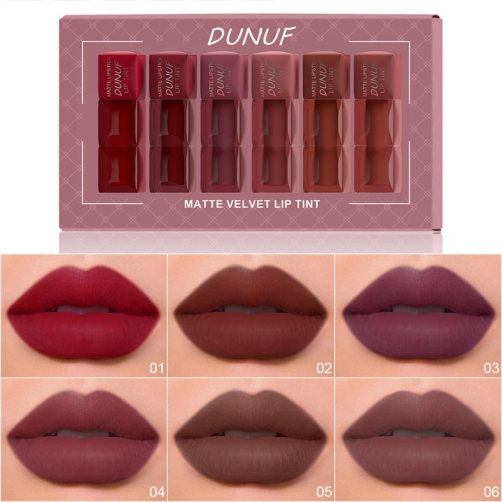 DUNUF modest mauve 6 PCS Matte Velvet Lip Tint Set - Viral Transfer-Proof Long-Lasting Lip Stain Kit, High Pigment Red, Brown & Nude Shades for All Skin Tones, TikTok Must-Have Makeup holiday