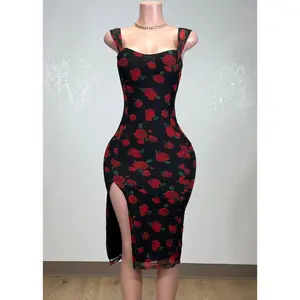 SWEET ROSE PRINT BODYCON SIDE SLIT MIDI DRESS