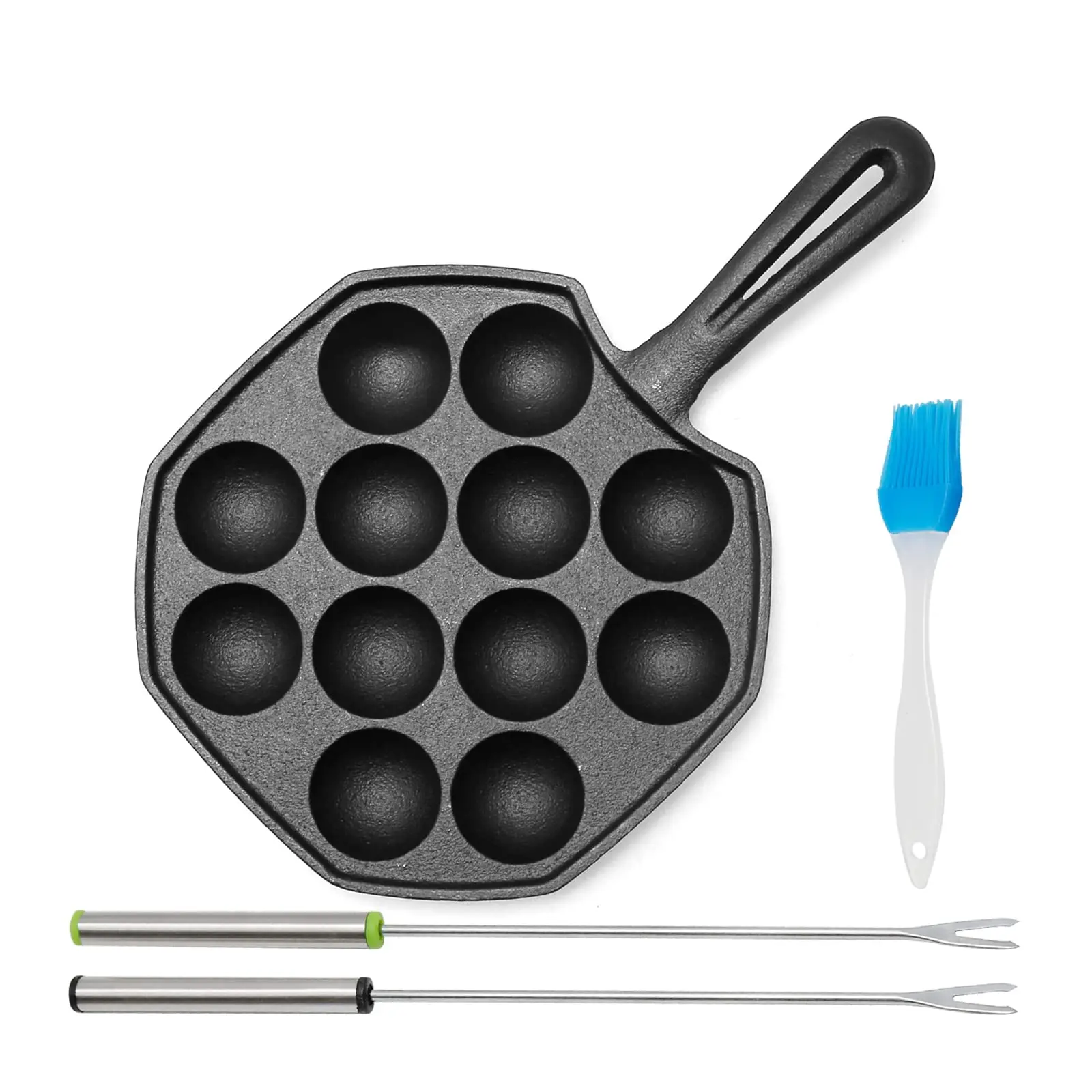 Cast Iron Takoyaki Pan - 12 Hole Heavy Duty Square Cooking Plate Octopus Ball Maker 1.5" Half Sphere For Baking