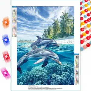 1 Set Of DIY Dolphin Beach Scene Ocean 5D Diamond Painting Set, Round Shiny Diamond Band Tools, Vibrant Marine Theme Canvas Art, Suitable For Beginners, Great For Bedroom And Living Room Decoration, Frameless, Dolphin Decoration, Marine Themed Canvas Art