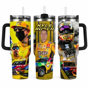 Kyle Busch Inspired 40oz-30oz Racing Tumbler, No.18 Yellow Stock Car Collage Drinkware, Race Day Gift for Dad, Fan Cup Bottles (Straw Not Included)