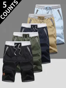 5-Pack Men’s Lightweight Casual Shorts, elastic waistband with drawstring and striped trim, breathable and quick-drying, multicolor combo, ideal for summer activities, outdoor sports, everyday wear, travel, running errands, and casual hangouts.