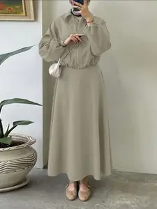 Women's Plain Color Modest Set, Lantern Sleeve Long Sleeve Blouse, Pleated Skirt Design, Casual High Waist for Daily Commuting, Two Piece Set Women