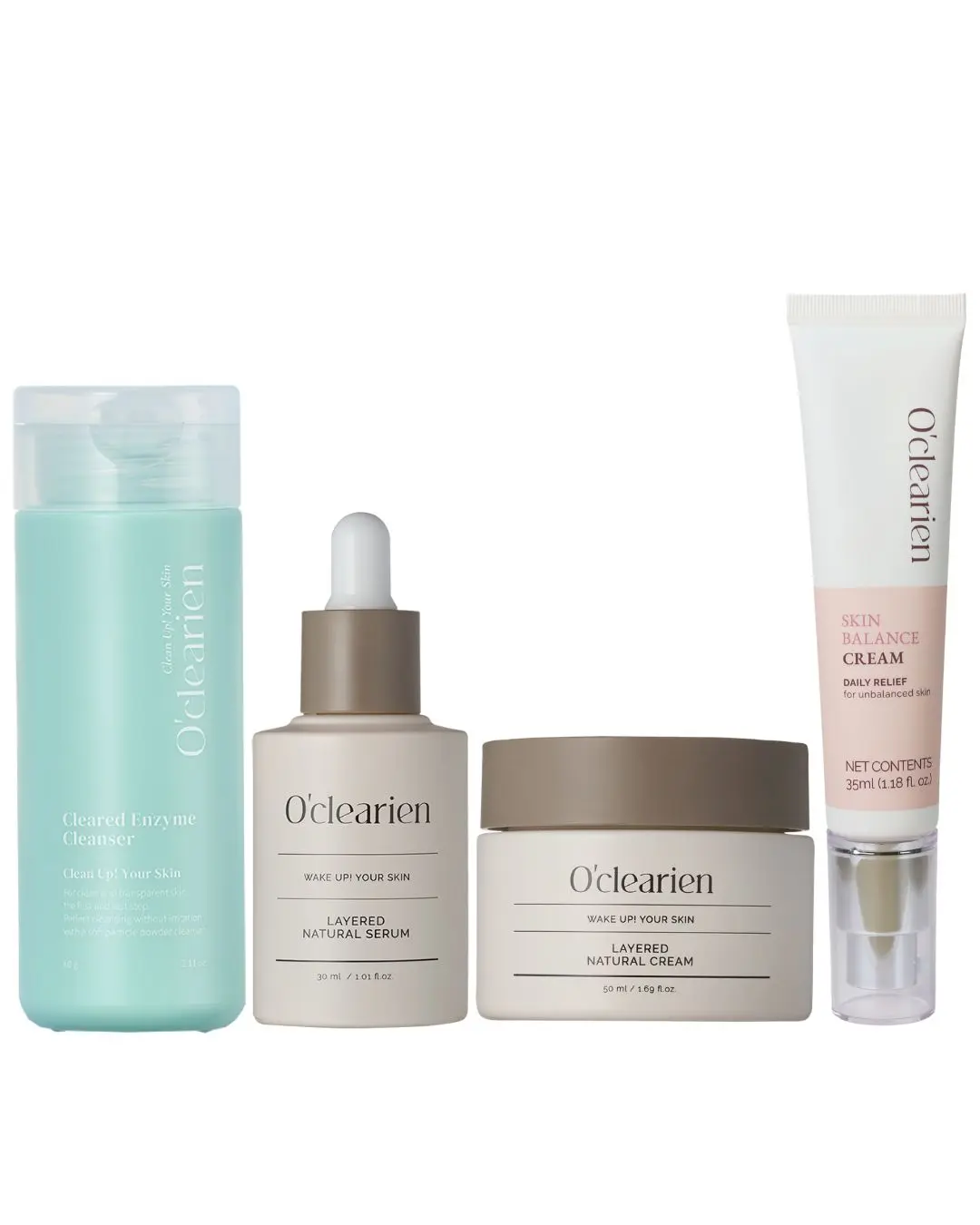 [OCLEARIEN] Cleared Enzyme Cleanser + Layered Natural Serum + Layered Natural Cream + Skin Balance Cream 4 Step Hydration & Barrier Care Set