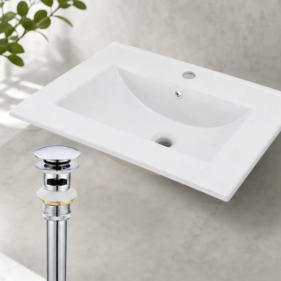 24-Inch White Ceramic Rectangular Drop-In Bathroom Vessel Sink with Single Faucet Hole and Overflow, Vitreous China Vanity Top Mount Basin for Bathroom Remodel, Guest Bath, Powder Room, 24"W x 18"D, White Color Options, Ceramic Material