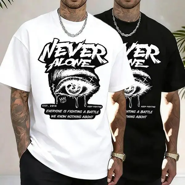 Streetwear “Never Alone” themed print T-shirt featuring a dark graffiti eye design; available in black and white; loose crew neck fit; unisex streetwear top—essential for everyday outings.
