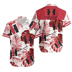 Vintage Red Farm Hawaiian Shirt, Farm Tractor Style Tropical Short Sleeve Shirt, Summer Aloha Button Down Shirt, Gift for Him or Her