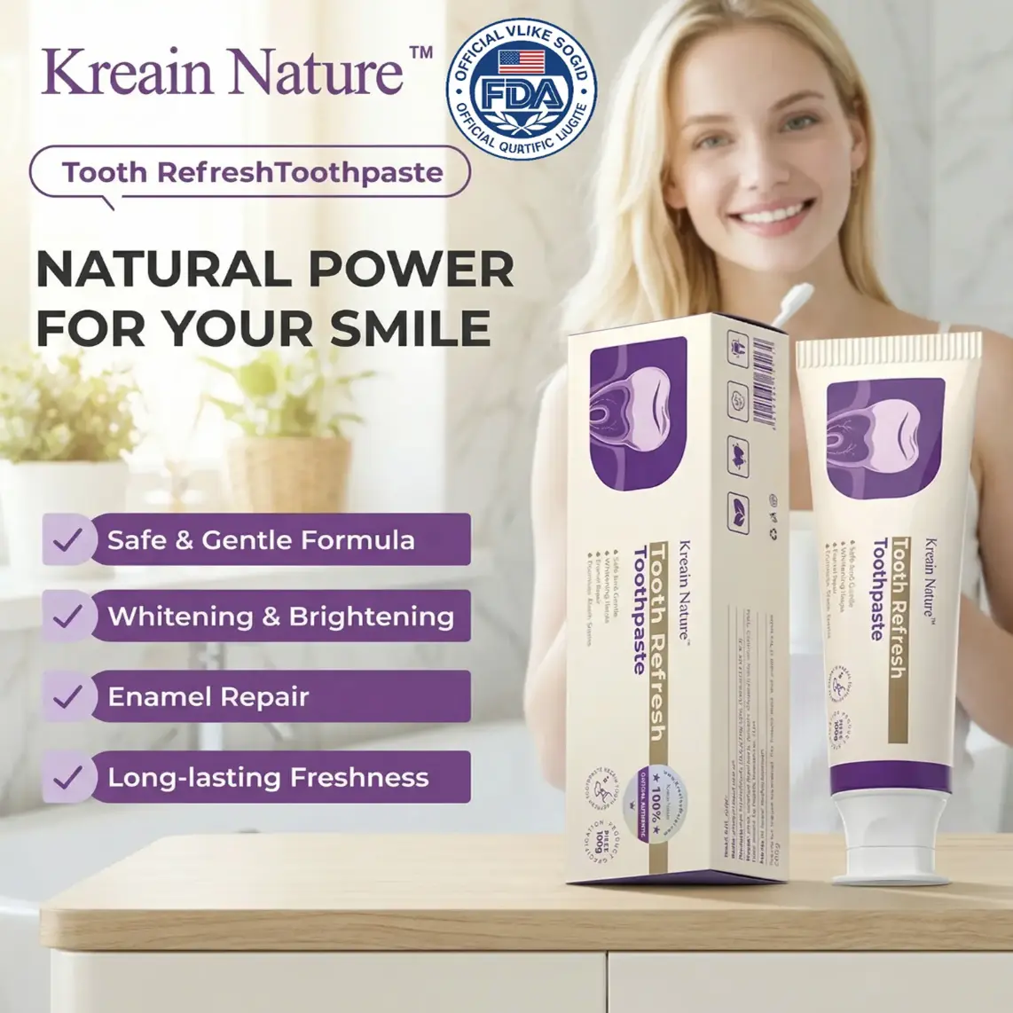 Kreain Nature Tooth Refresh Toothpaste – Fresh Breath Toothpaste with Natural Ingredients, Gentle Daily Oral Care, Whitening Toothpaste, Helps Remove Surface Stains