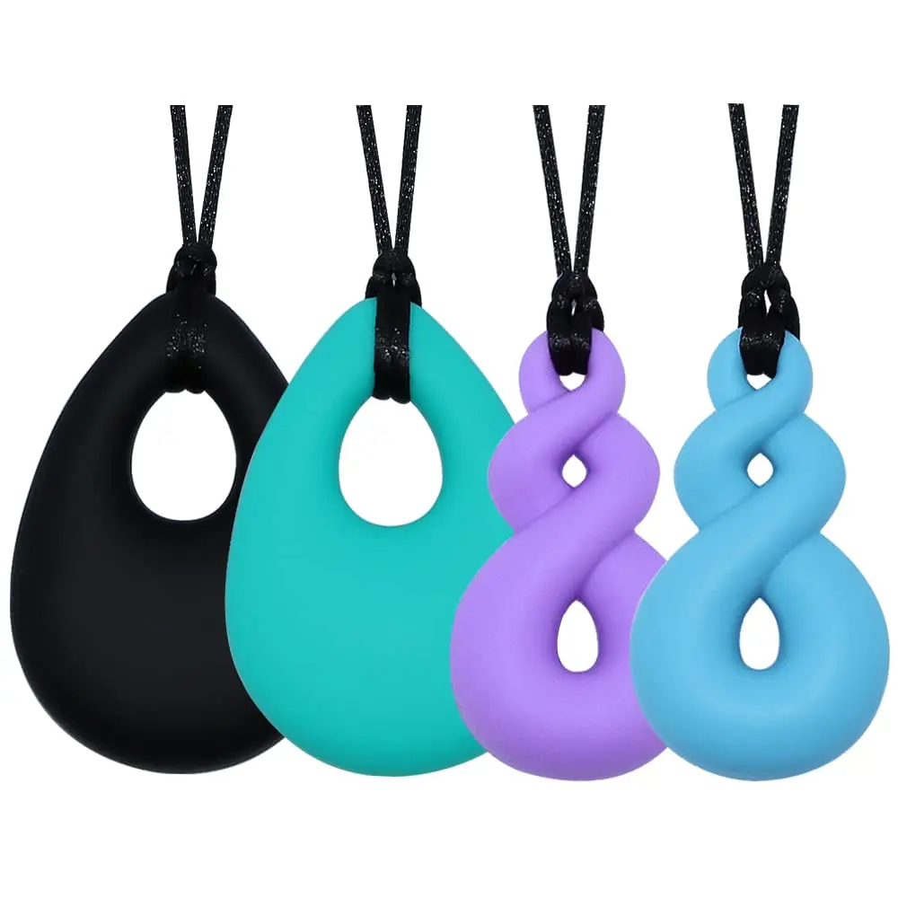 JNS19 100% Food Grade Silicone Chew Necklace - 4 PCS BPA-Free Teardrop Twist Pendant Costume Jewelry for ADHD/SPD, Anxiety Relief, Oral Motor Special Needs, Sensory, Lead, Ice Cream, Bisphenol A (Bpa)