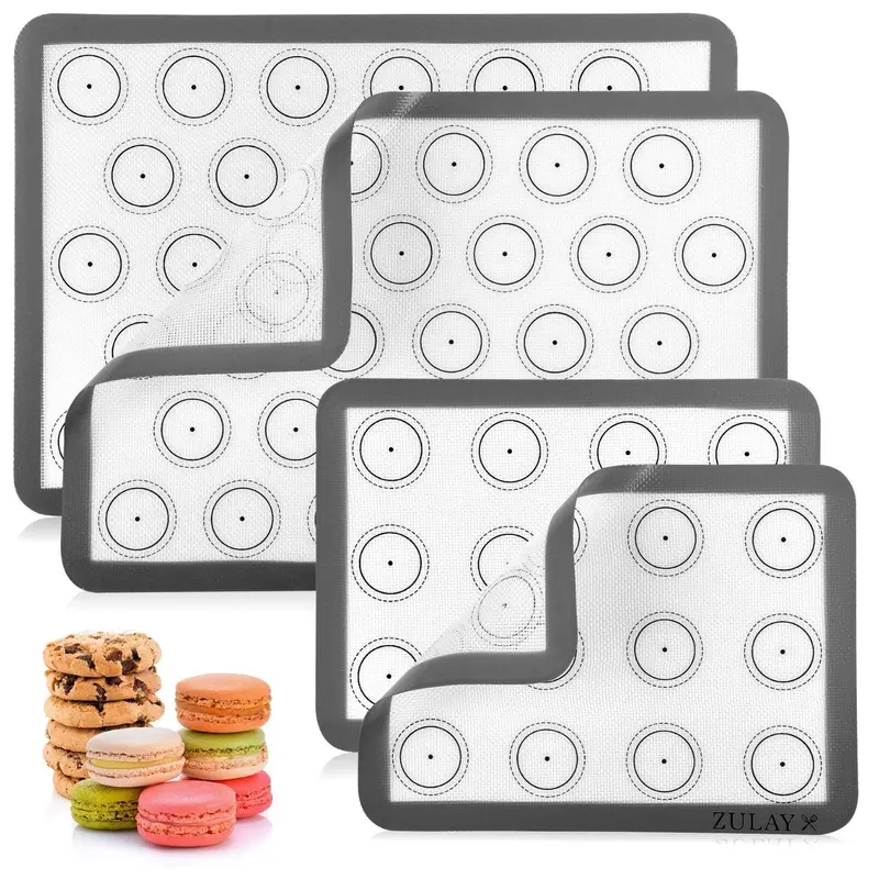 Zulay Set of 4 Silicone Baking Mats - Non-Stick & Reusable Macaron Mats with Pre-Printed Round Templates, 2 Half & 2 Quarter Size