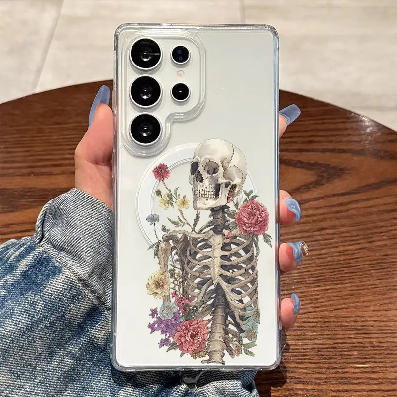 Vintage Hand-drawn Skull and Magnetic Ring,Wireless Charging,Supports for Samsung Galaxy S26 S25 S24 S23 S22 S21 S20 Fe Plus Ultra Edge S10E A57 A56 A55 A54 A37 A36 A35 A34 A26 A25 A24 A23 A17 A16 A15 A14 A07 A06 A05s Note20 Note10 Note9
