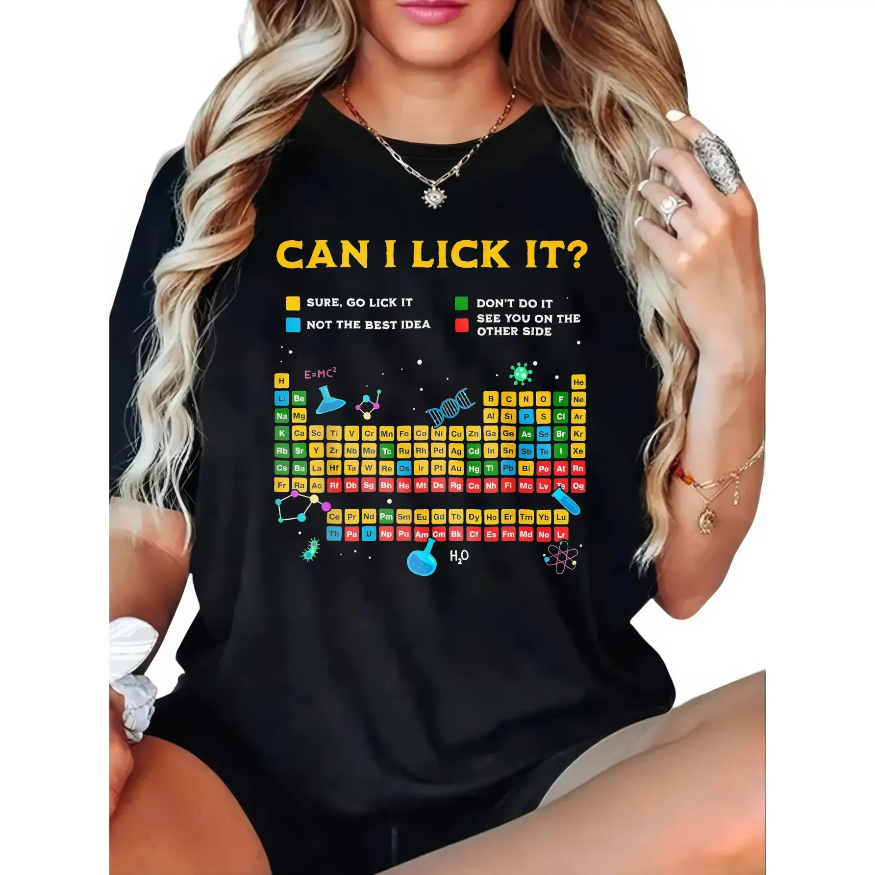 Fun Periodic Table T-shirt – “Can I Lick It?” Chemistry-themed design with element symbols – A science teacher gift, unisex casual crew neck short-sleeved T-shirt. Fit Fashion