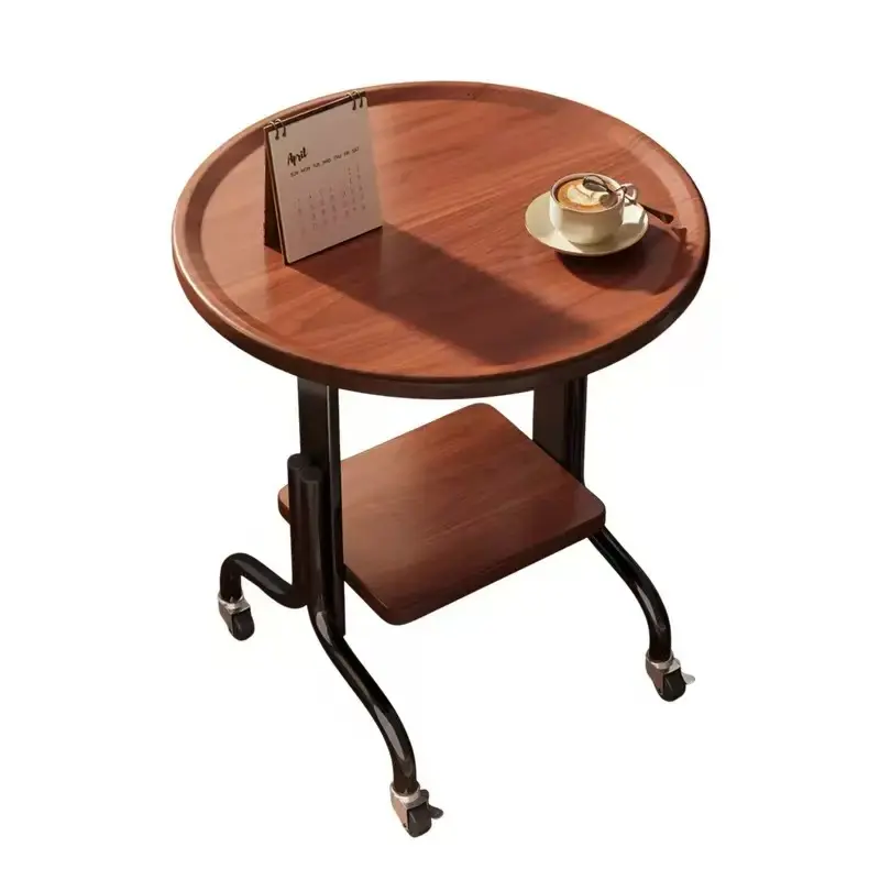 Mobile Mid Century Side Table with Wheels, 2 Tier Rolling End Table for Sofa Side, Modern Round Accent Table with Storage Shelf, Portable Coffee Table for Living Room Bedroom Balcony, Minimalist Wood Nightstand Furniture