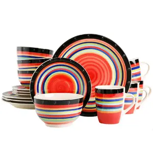 16 Pieces Ceramics Dinnerware Set with Colorful Striped Design and Vibrant Red Centerpiece Tableware Cutlery Plates