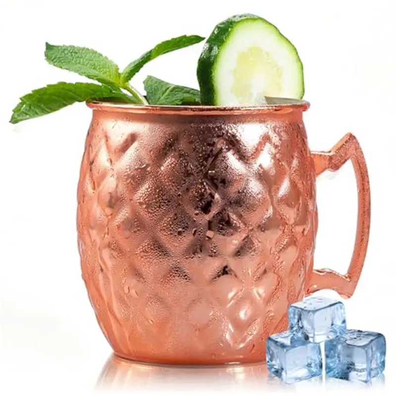 19 OZ Single Moscow Mule Mug, Rhombic Pattern Copper Cup with 304 Stainless Steel Lining, Suitable for Cold Drinks, Dishwasher Safe
