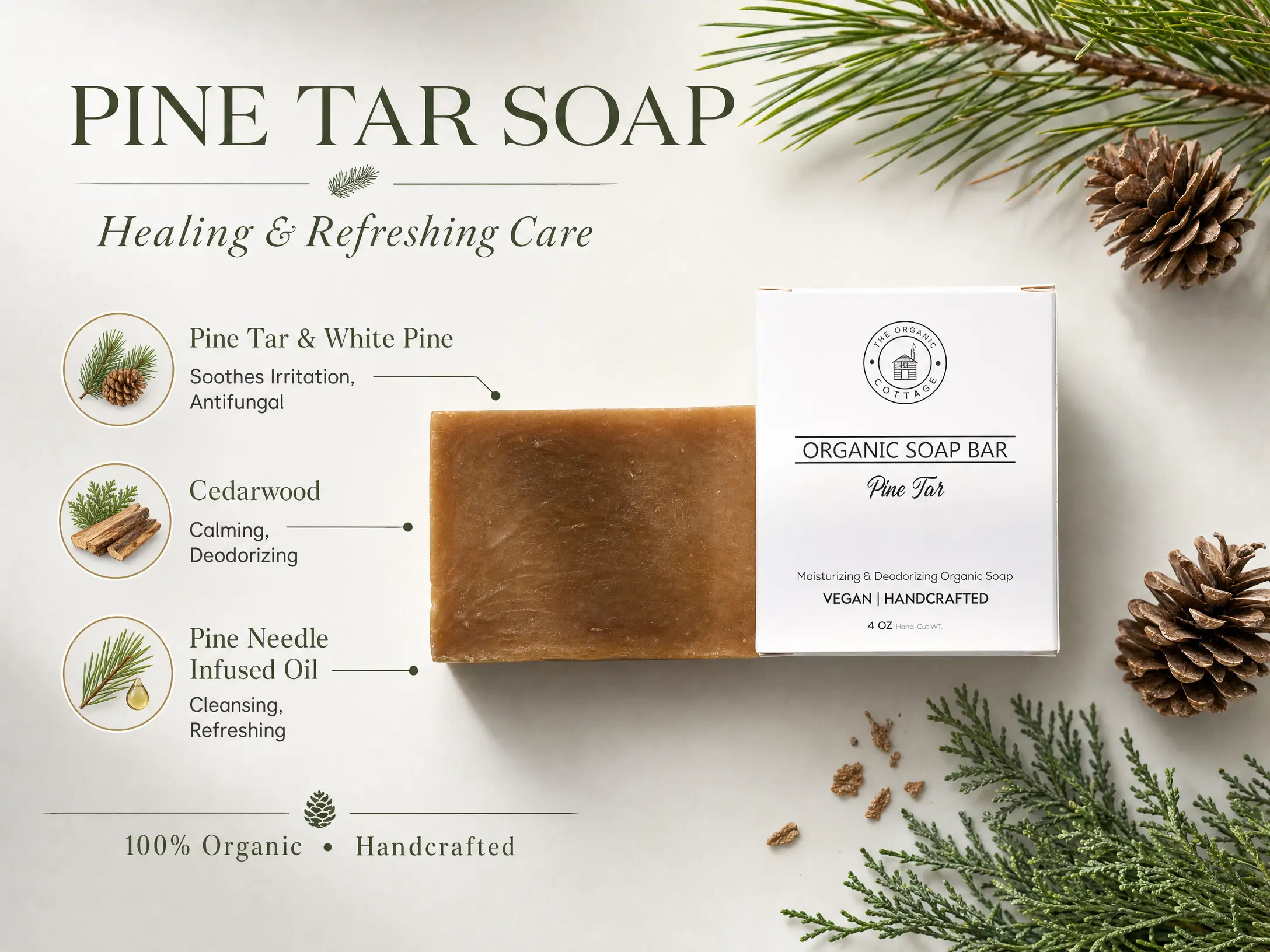 The Organic Cottage Pine Tar Organic Soap Bar - Vegan Handcrafted Moisturizing & Deodorizing Soap - 4 Oz Bar