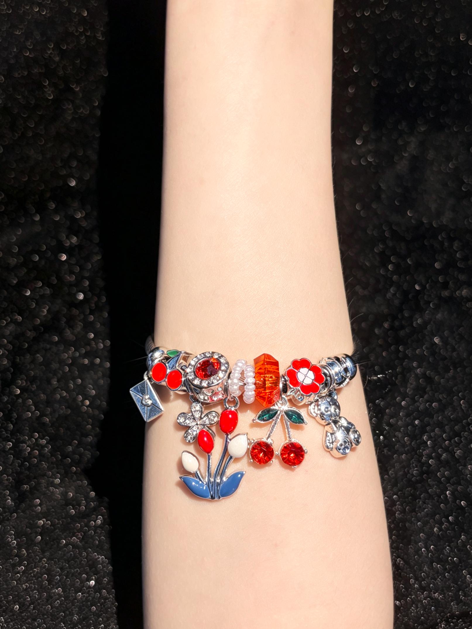 Open Bangle Bracelet, Cherry Tulip Flower Bear Enamel & Sparkling Crystal Dangle Charms, Cute Colorful Statement Jewelry Gift for Women