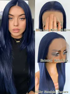 Dark Blue Long Silky Straight Synthetic Hair Lace Front Wig Free Part Natural 13x4 Frontal Colored Wigs for Women Daily Party Cosplay