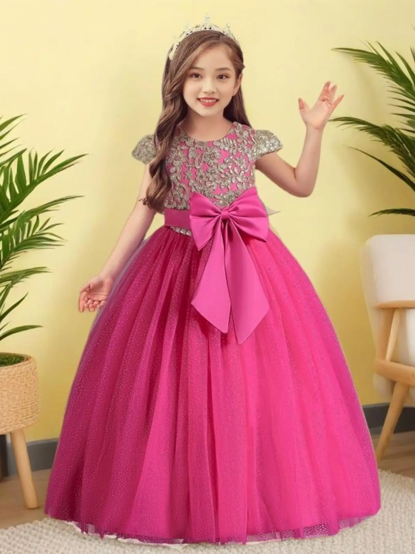 Girl's Floral & Leaf Embroidery Contrast Sequin Bow Decor Tulle Formal Dress, Elegant Zipper Back Fit & Flare Tutu Dress for Party Performance, Kids C