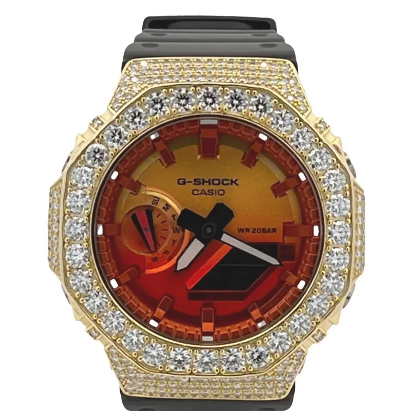 Casio Digital Watch Custom Moissanite Iced-Out Bezel Aftermarket Modification Gold Color Case