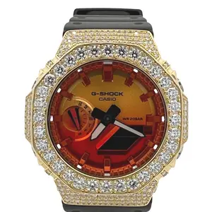 Casio Digital Watch Custom Moissanite Iced-Out Bezel Aftermarket Modification Gold Color Case