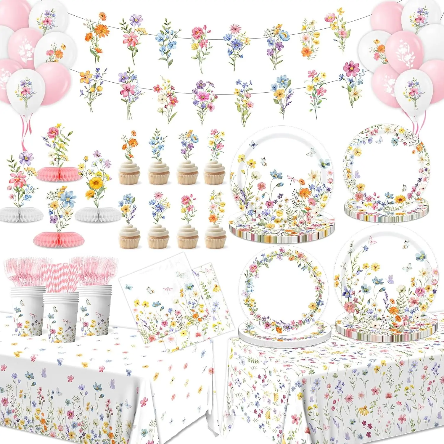 193Pcs Spring Wildflower Party Decorations Kit - 9inch Dinner Plates,7inch Dessert Plates,Napkins,Cups,Balloons,Banner,Tablecloth,Cake Toppers,Honeycombs,Butterfly Props - Unique Birthday Gifts,Gifts for Floral Events Serves 24, Party Gift