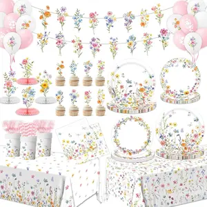 193Pcs Spring Wildflower Party Decorations Include Plates, Napkins, Cups, Balloons, Banner, Tablecloth, Cake Toppers, Honeycombs for Floral Birthday Baby Shower Party, Serve 24