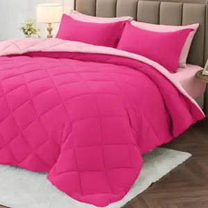 5 Pieces Twin XL Comforter Set, Reversible Bed in a Bag Twin XL Size, All Season Bedding Set with Comforter, Flat Sheet, Fitted Sheet, Pillowcases & Shams, Hot Pink & Baby Pink