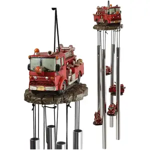 Ebros Gift Decorative Red Fire Engine Truck Model Resonant Relaxing Wind Chime Patio Garden Accent of Fire Fighters Hydrants 911 Emergency Civil Service
