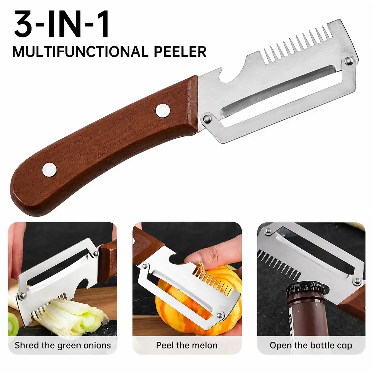 2 Pack Multifunctional Fruit Vegetable Peeler Set, 2-in-1 & 3-in-1 Wooden Handle Peelers with Stainless Steel Blade & Built-in Bottle Opener, Shred Peel Bottle Opening 3 Functions for Potato Pumpkin Apple Melon Kitchen Prep Tool
