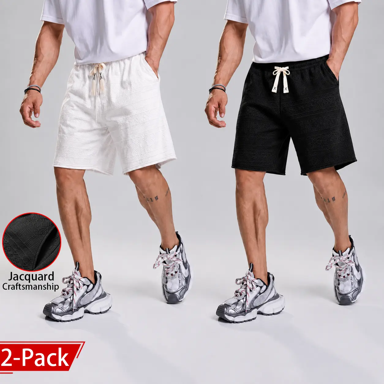 Men's 2-Pack Aesthetic Foldable Jacquard Shorts - Black-White Tropical, Adjustable Drawstring Elastic Waistband, Multiple Pockets, Geometric Aztec Bohemian Southwest Textured Knit, Beach Casual Menswear, Aesthetic Men's Shorts, Foldable Men's Shorts