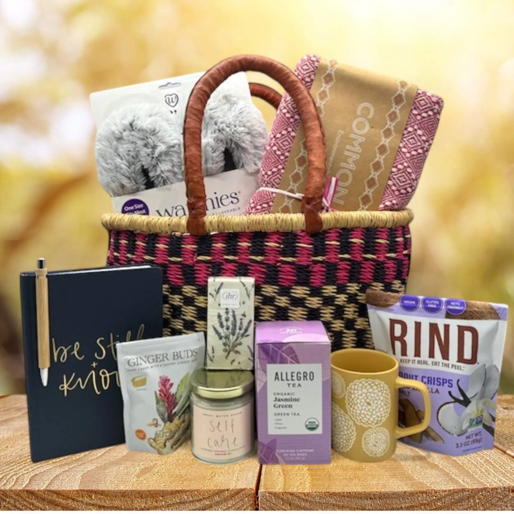 Ultimate Cancer Comfort African Market Gift Basket with Warmies Slippers, Herringbone Throw, and Herbal Tea