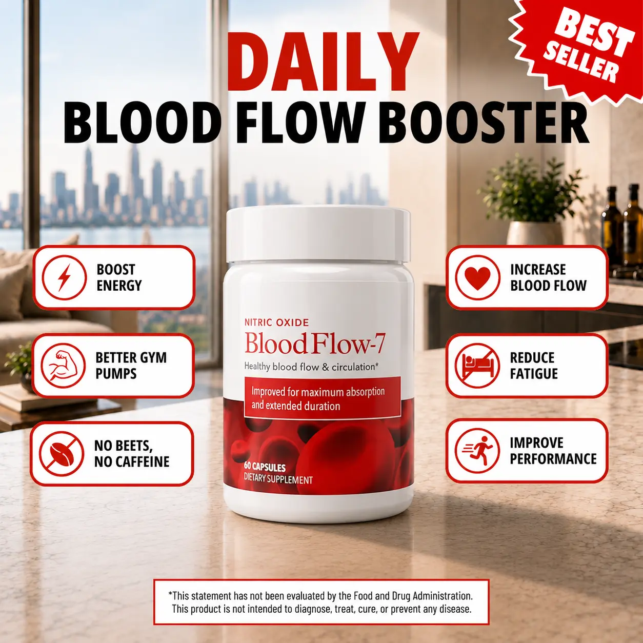 Juvenon BloodFlow-7 Nitric Oxide Booster – Blood Flow & Circulation Support Supplement with S7, Nitrosigine & Trans-Resveratrol – Supports Healthy Legs, Feet & Heart – Caffeine Free – 60 Capsules, 30-Day Supply