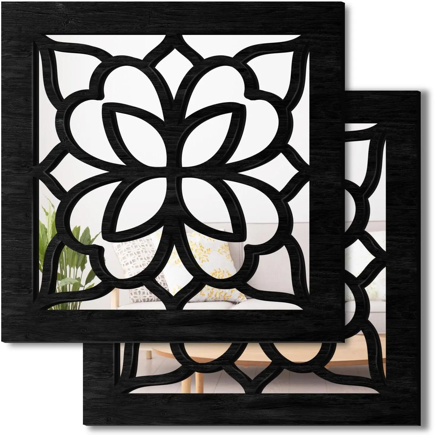 2 count Square Wall Mirror,Rustic Farmhouse Wall Mirrors,12 inch Small Mirror Art (style2 Black)