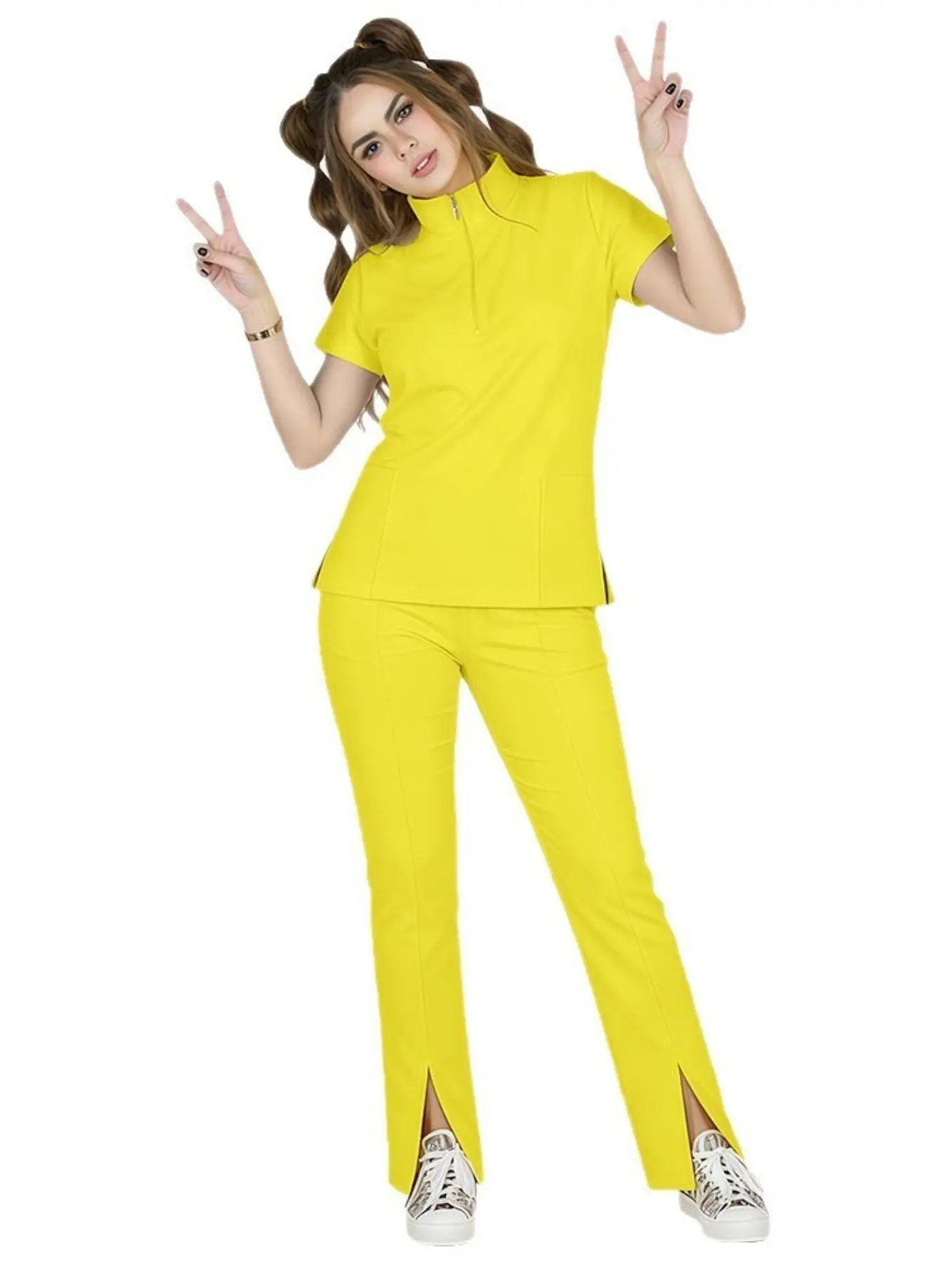 Women Zip Up Fitted Scrub Top Clothing with Split Bottom Pants, Breathable Short Sleeve Medical Staff Shirt Workwear Uniforms for Dentist Clinic Womenswear