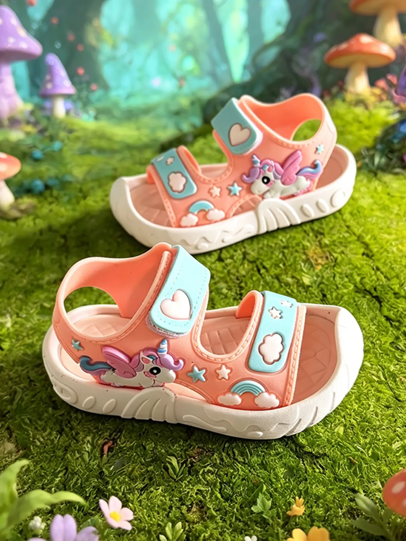Girls' Cute Unicorn Kid Sandals, Flat Beach Sandals, Soft Soled Sandals, Anti-Tip Soft Sole Non-Slip, Breathable Summer Outdoor Beach Shoes, Elegant Plain Style, Less Than Ankle Height