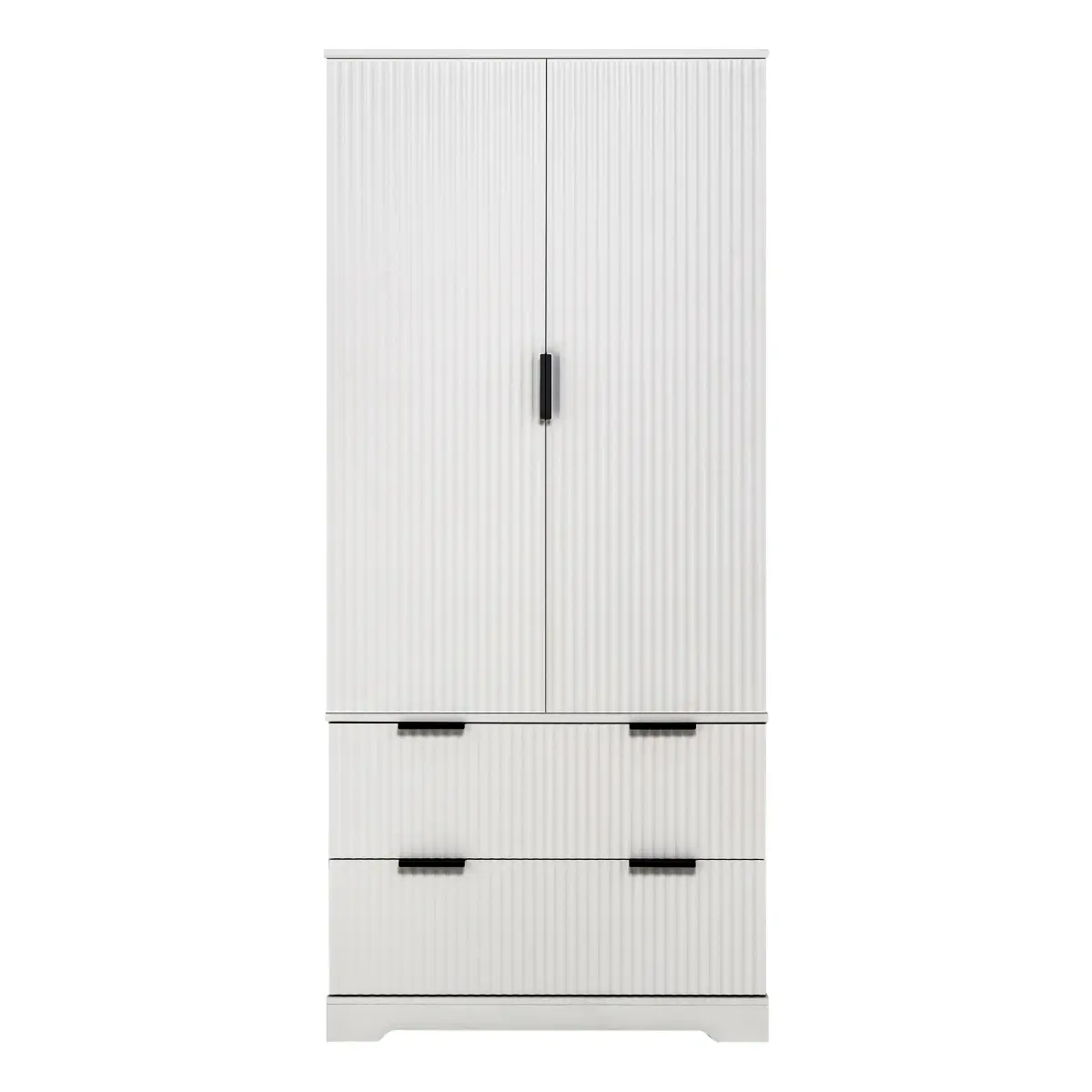 French Fluted Tall Freestanding Multi-Functional Floor Cabinet, 31.5x15.75x71.65 in MDF Pantry, 3 Shelves, 2 Large Drawers, Adjustable Door Spice Racks, 165°-180° Triple-Fold Hinge, Magnetic Catch for Kitchen, Living Room, Freestanding Floor Cabinets, Mul