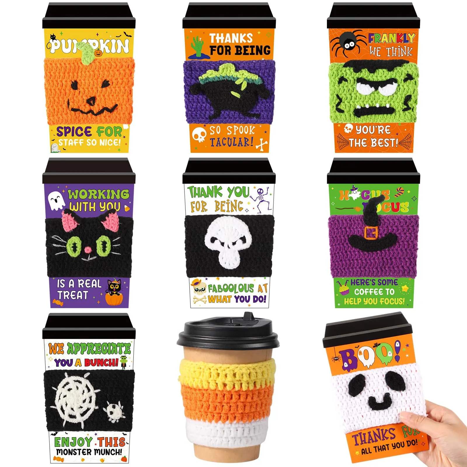 6/9 Pcs Multicolor Halloween Crochet Coffee Cup Sleeves - Blend Cup Drink Protectors with Thank You Cards, Employee Gift for School Office Party Favors (18 Pieces Total Set), Unisex