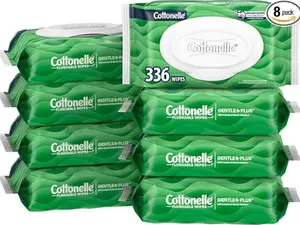 Cottonelle GentlePlus Flushable Wet Wipes with Aloe & Vitamin E, 8 Flip-Top Packs, 42 Wipes Per Pack (336 Total Wipes), Packaging May Vary